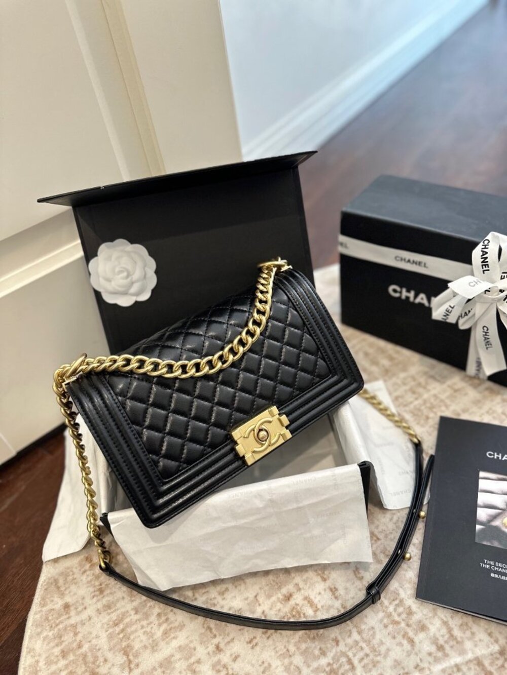 Chanel Boy Flap Bag in Black Lambskin with Gold Hardware